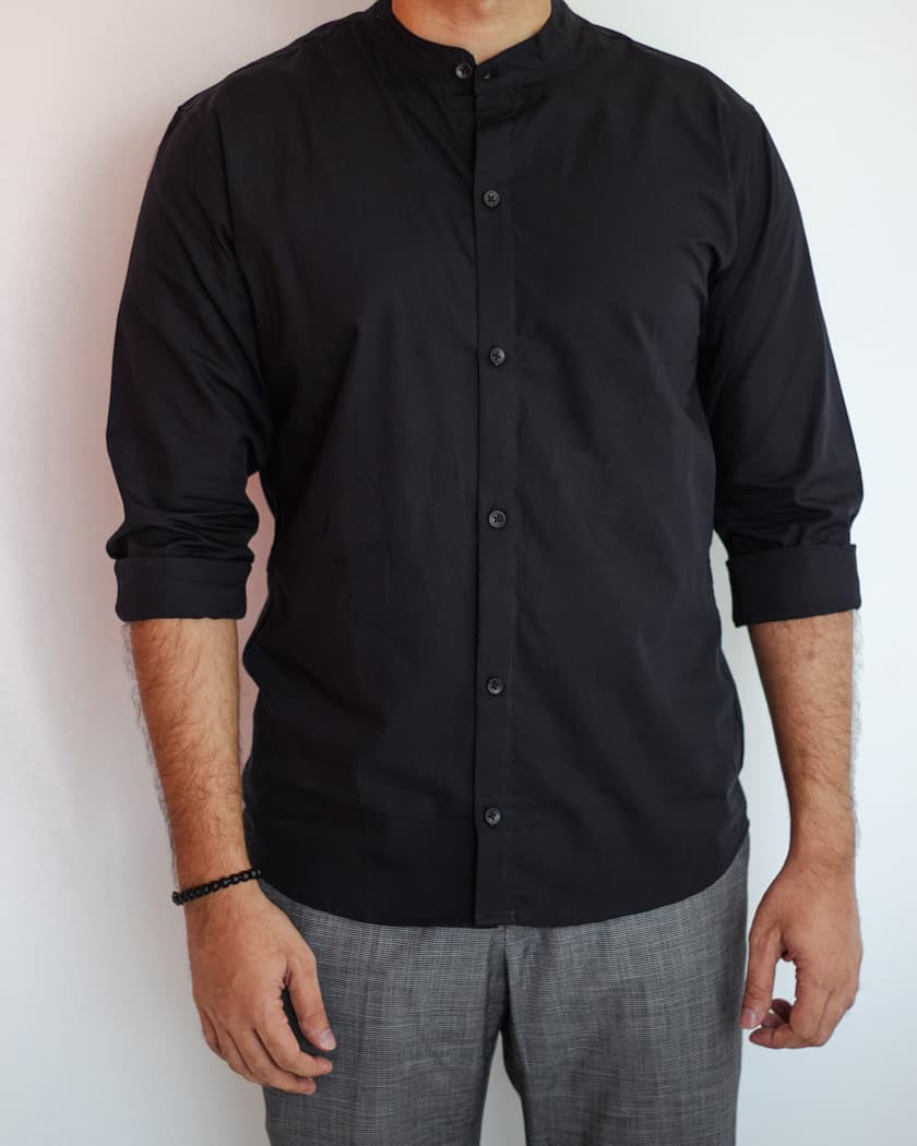 Men's Black Band Collar Shirt | Mandarin Collar - Gorur Ghash