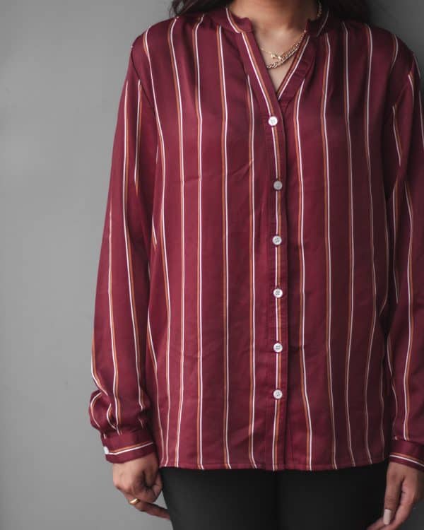 Women's Red Silk Long Sleeve Stripe Shirt