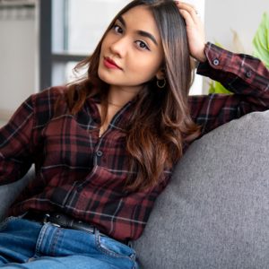 Women's Long Sleeve Flannel Shirt in Maroon (a.k.a The Worried Weather Forecaster) by Gorur Ghash. The shirt has been made in Bangladesh (BD)