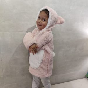 The image displays Gorur Ghash newest collection of a cute oversized hoodie for kids (toddlers). The hoodie comes in pink and is known as The Sheep. It has been proudly made in Bangladesh (BD)