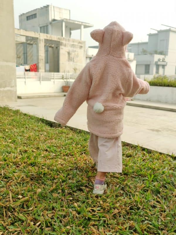 The image displays Gorur Ghash newest collection of a cute oversized hoodie for kids (toddlers). The hoodie comes in pink and is known as The Sheep. It has been proudly made in Bangladesh (BD)