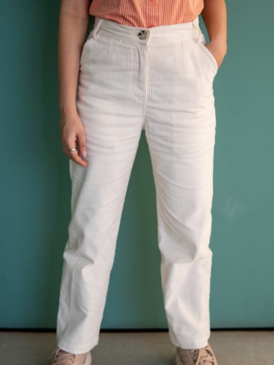 Women's White Mid Rise Corduroy Straight Leg Casual Pants - Gorur Ghash
