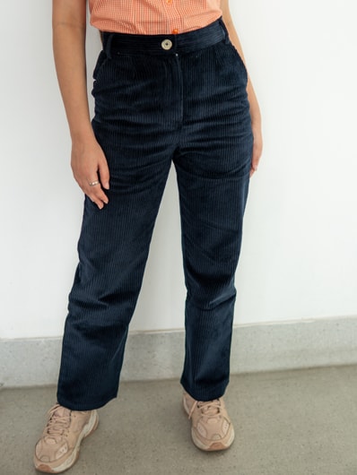 Blue Mid Rise Corduroy Straight Leg Casual Pants for Women by Gorur Ghash. Fabric: Corduroy. Price: ৳1400. Made in Bangladesh(BD). Buy it now!