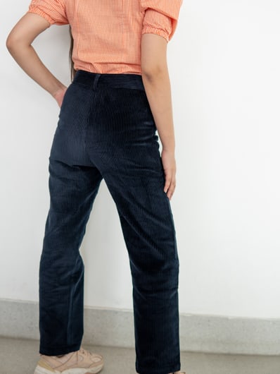 Blue Mid Rise Corduroy Straight Leg Casual Pants for Women by Gorur Ghash. Fabric: Corduroy. Price: ৳1400. Made in Bangladesh(BD). Buy it now!