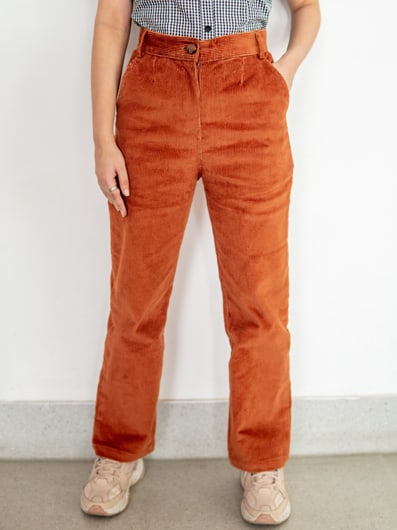 Brown Mid Rise Corduroy Straight Leg Casual Pants for Women by Gorur Ghash. Fabric: Corduroy. Price: ৳1400. Made in Bangladesh(BD). Buy it now!