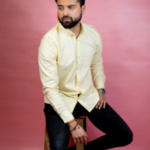 Men's Plain Full Sleeve Button-Down Oxford Cotton Shirt in Yellow