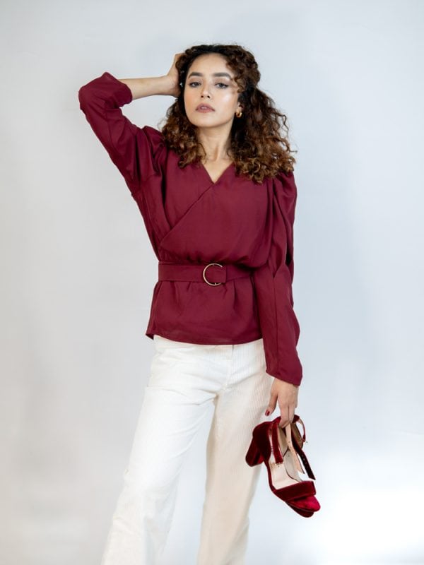 Women's Wrap Top in Maroon - Image 5