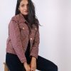 Red, Blue and Beige Houndstooth Printed Corduroy Jacket for Women