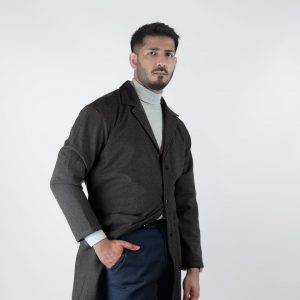 Men's Wool-Blend Notched Collar Long Charcoal Overcoat