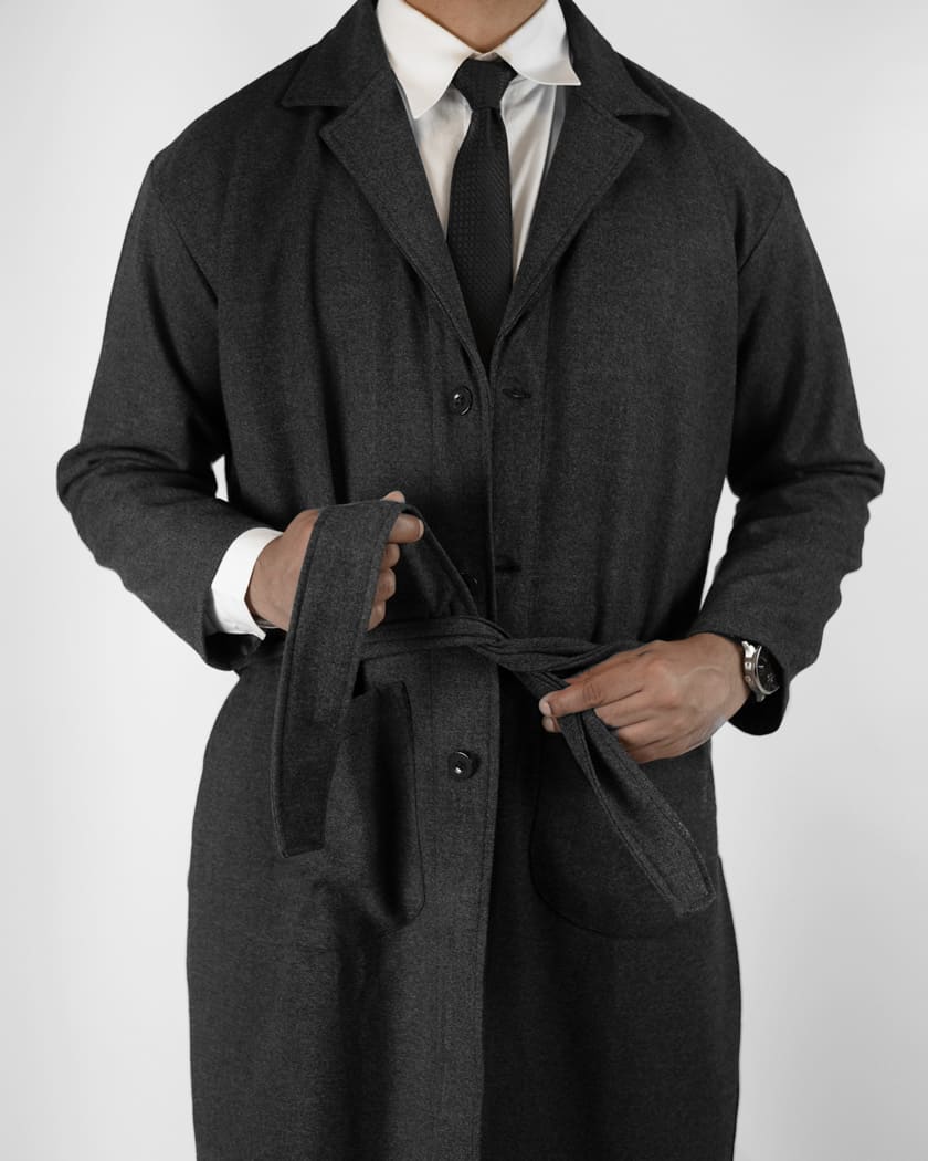 Men's Wool-Blend Notched Collar Long Charcoal Overcoat - Gorur Ghash