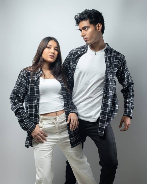 Men's Long Sleeve Flannel Shirt in Black with White Lines - Image 6