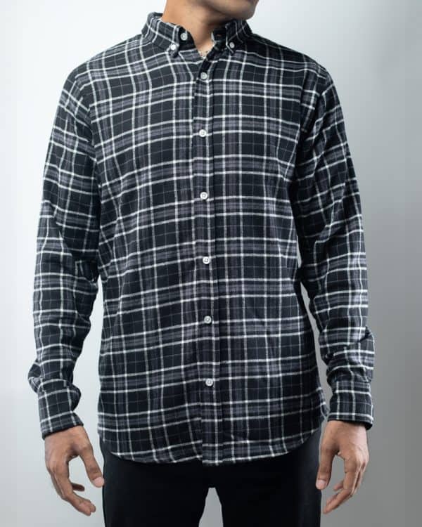 Men's Long Sleeve Flannel Shirt in Black with White Lines - Image 3