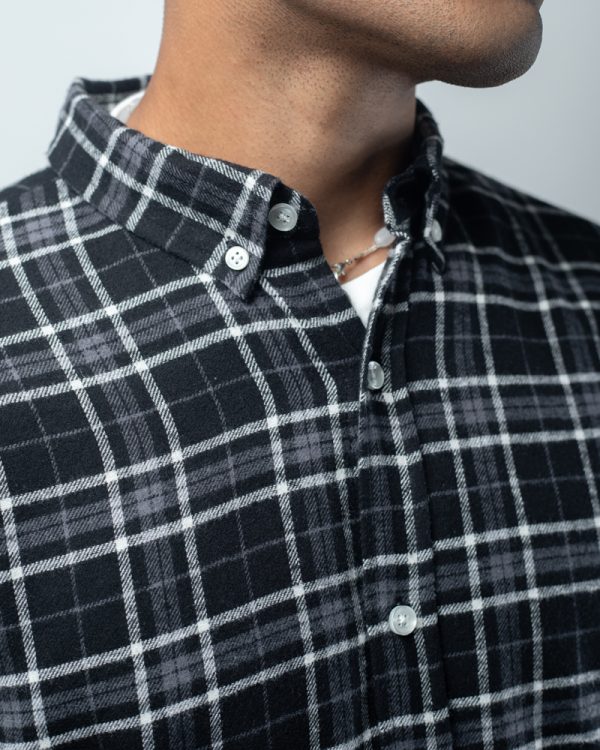 Men's Long Sleeve Flannel Shirt in Black with White Lines - Image 2