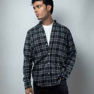 Men's Long Sleeve Flannel Shirt in Black with White Lines
