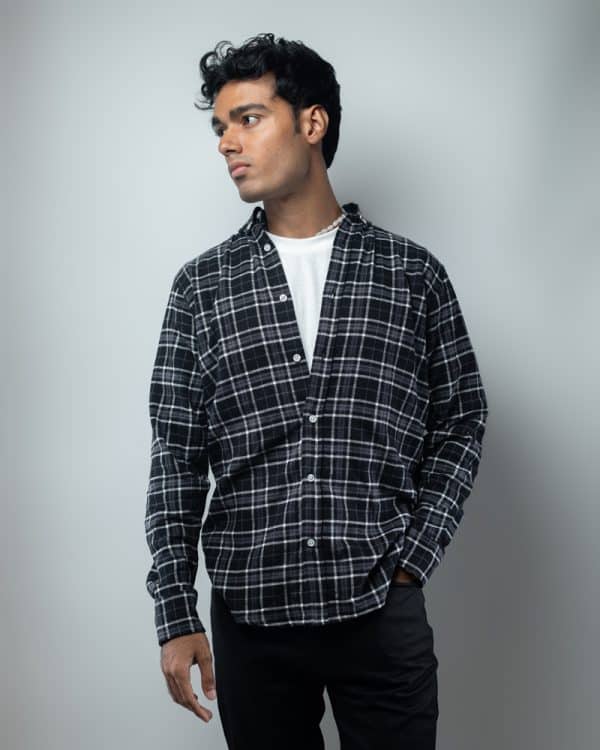 Men's Long Sleeve Flannel Shirt in Black with White Lines