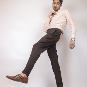Men's Brown Straight Fit Pleated Formal Gurkha Pants