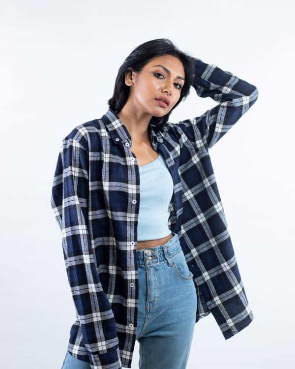 Women’s Long Sleeve Flannel Shirt in Navy and White