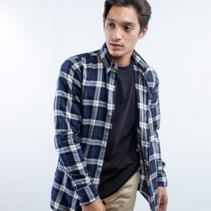 Men’s Long Sleeve Flannel Shirt in Navy and White