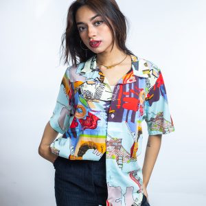 Women’s Party Cuban Collar Shirt in Funky Art Print