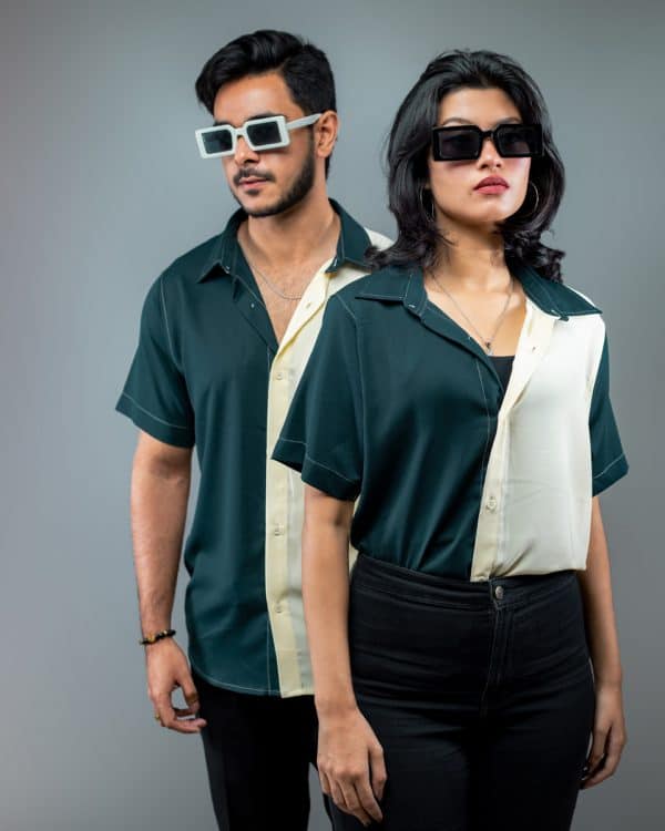 Men’s Half Sleeve Duo Tone Shirt in Teal and Cream - Image 9