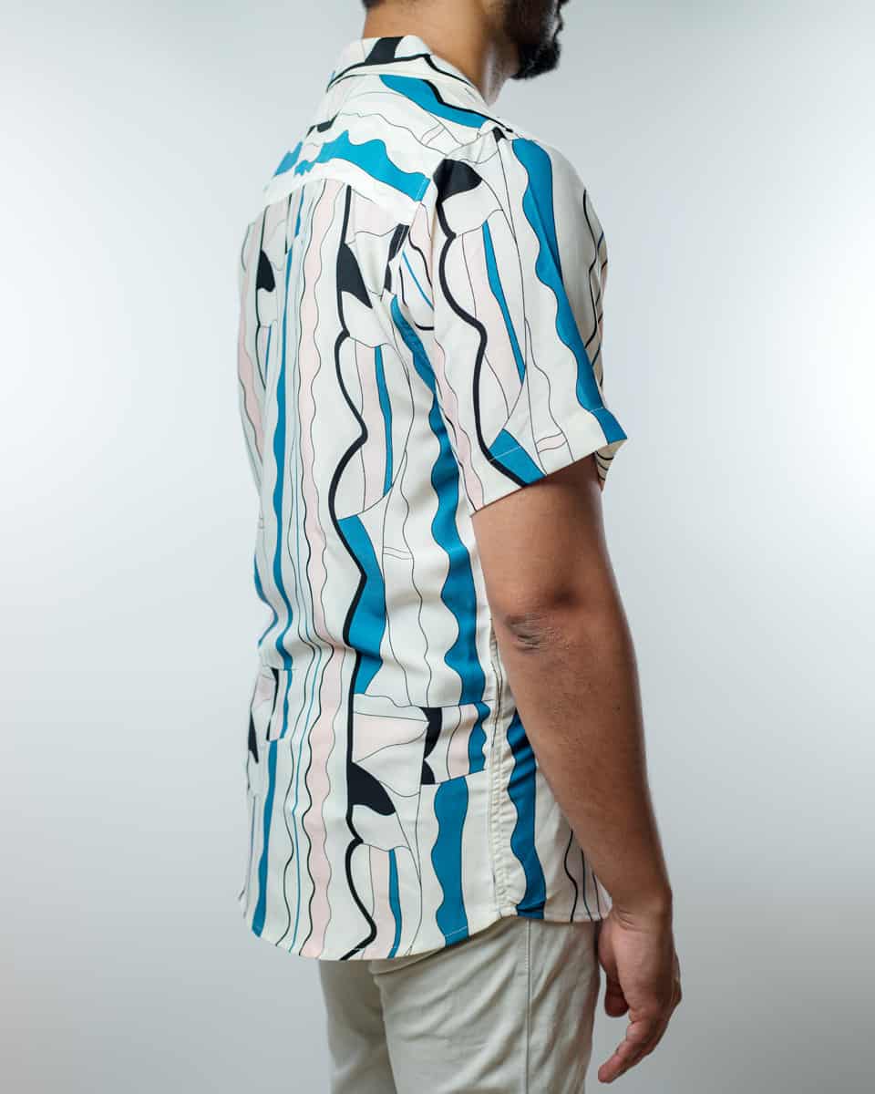 Men's Wavy Printed Cuban Shirt in Milky White & Blue - Gorur Ghash