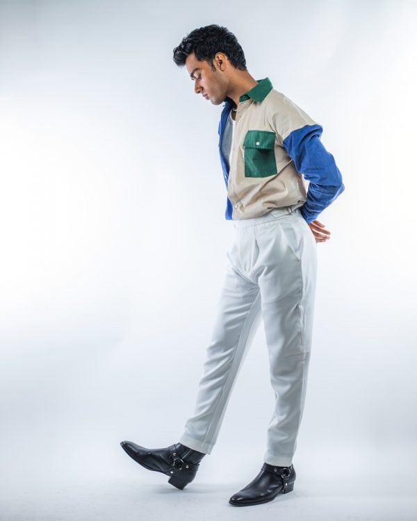 Men's Drop Shoulder Cord Color Block Shirts in Blue and Green - Image 3