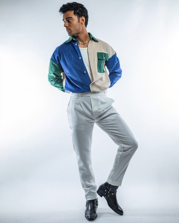 Men's Drop Shoulder Cord Color Block Shirts in Blue and Green - Image 2
