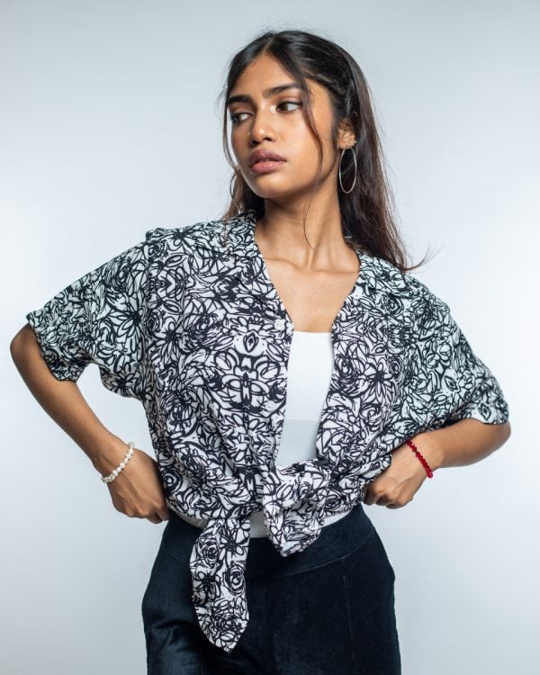 Women’s Black & White Scribble Printed Oversized Drop shoulder Cuban Shirt - Image 4