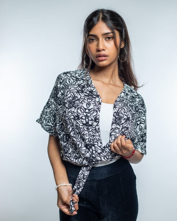 Women’s Black & White Scribble Printed Oversized Drop shoulder Cuban Shirt - Image 7
