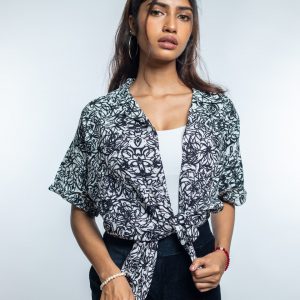 Women’s Black & White Scribble Printed Oversized Drop shoulder Cuban Shirt