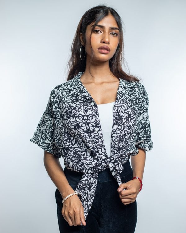 Women’s Black & White Scribble Printed Oversized Drop shoulder Cuban Shirt
