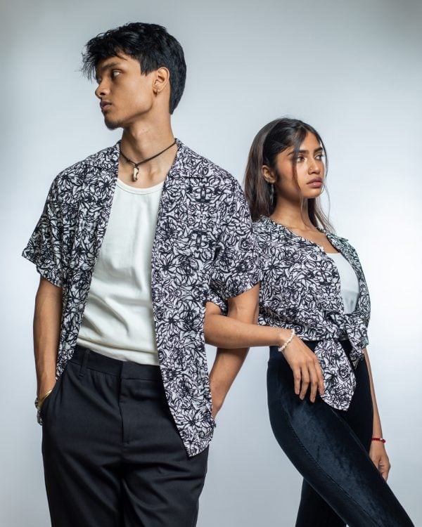 Men’s Black White Scribble Printed Oversized Drop shoulder Cuban Shirt - Image 5