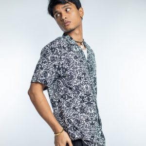 Men’s Black White Scribble Printed Oversized Drop shoulder Cuban Shirt