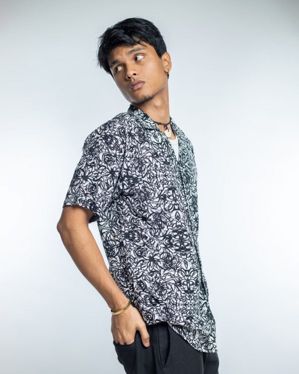 Men’s Black White Scribble Printed Oversized Drop shoulder Cuban Shirt