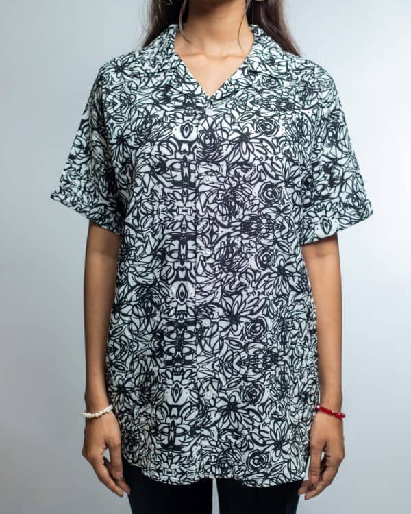 Women’s Black & White Scribble Printed Oversized Drop shoulder Cuban Shirt - Image 3