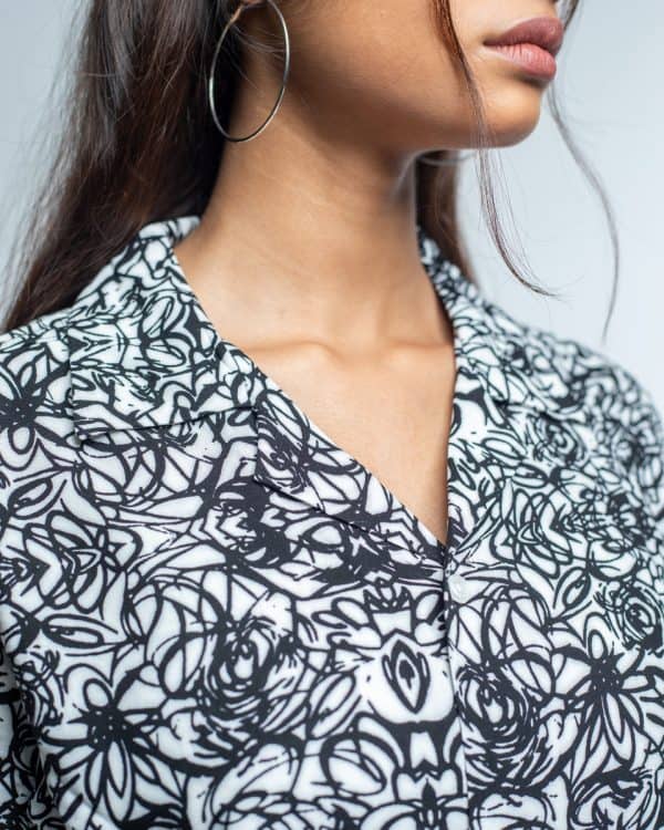 Women’s Black & White Scribble Printed Oversized Drop shoulder Cuban Shirt - Image 2
