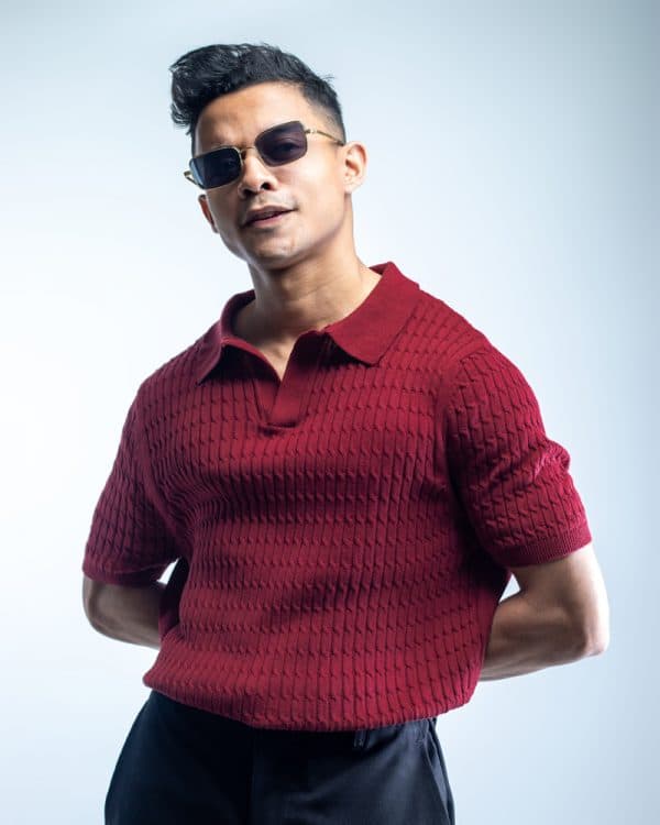 Men’s Cable Knit Polo in Maroon - Gorur Ghash