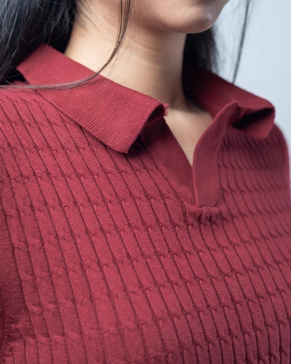 Women's Cable Knit Polo in Maroon - Image 3