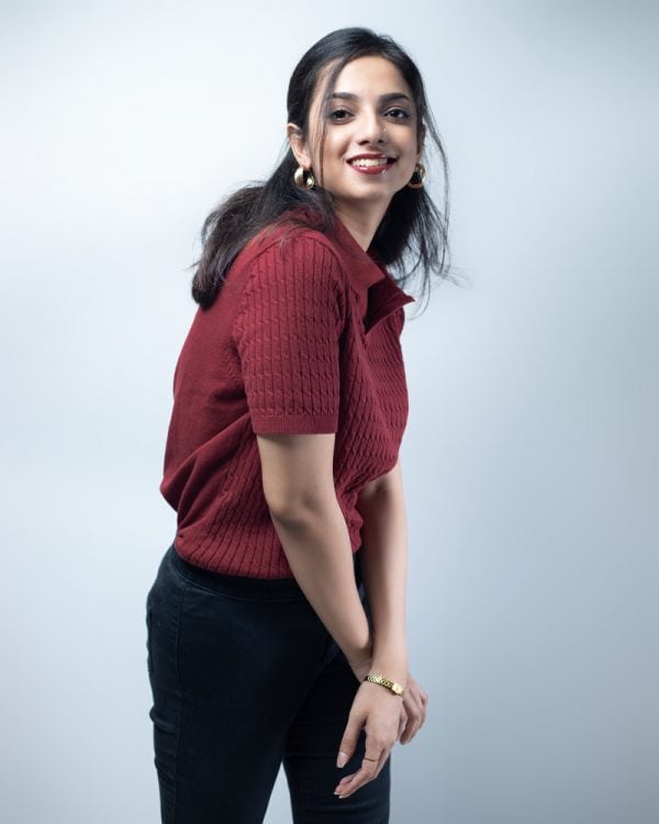 Women's Cable Knit Polo in Maroon - Image 4