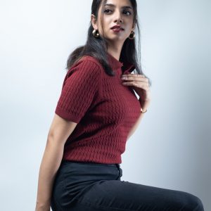 Women's Cable Knit Polo in Maroon
