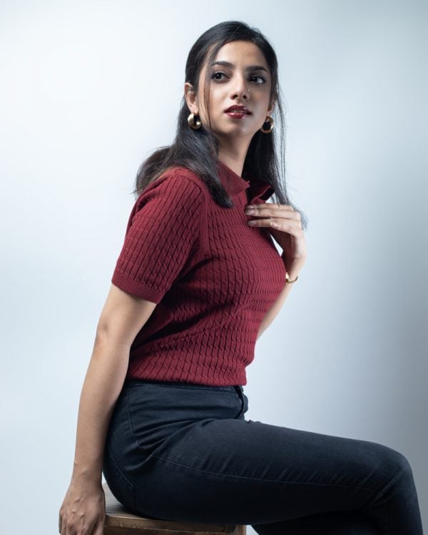 Women's Cable Knit Polo in Maroon