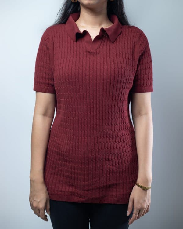 Women's Cable Knit Polo in Maroon - Image 2