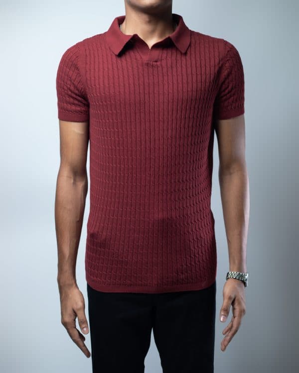 Men’s Cable Knit Polo in Maroon - Image 2