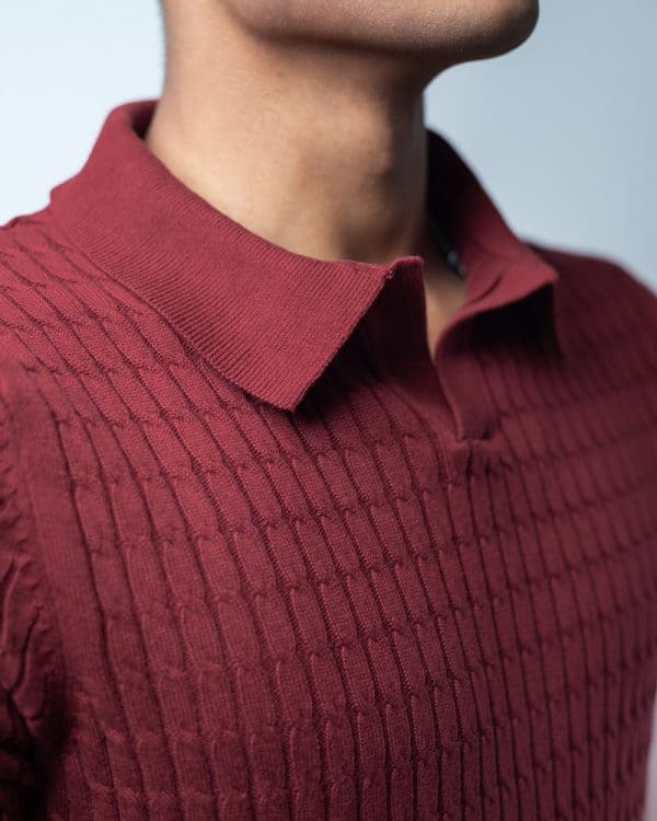 Men’s Cable Knit Polo in Maroon - Image 3