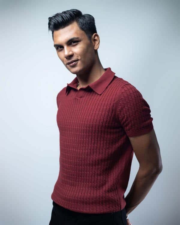Men’s Cable Knit Polo in Maroon
