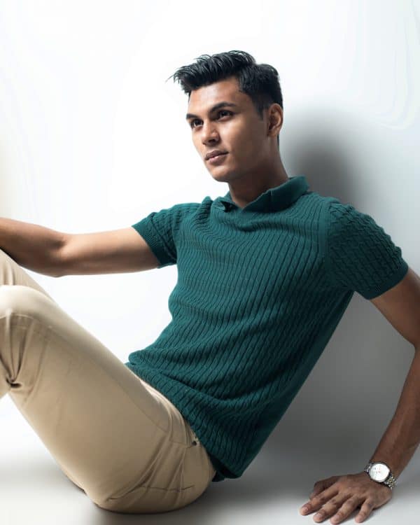 Men's Cable Knit Polo in Green - Gorur Ghash