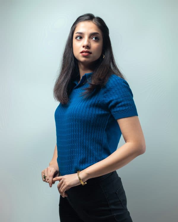 Women’s Cable Knit Polo in Blue - Image 3