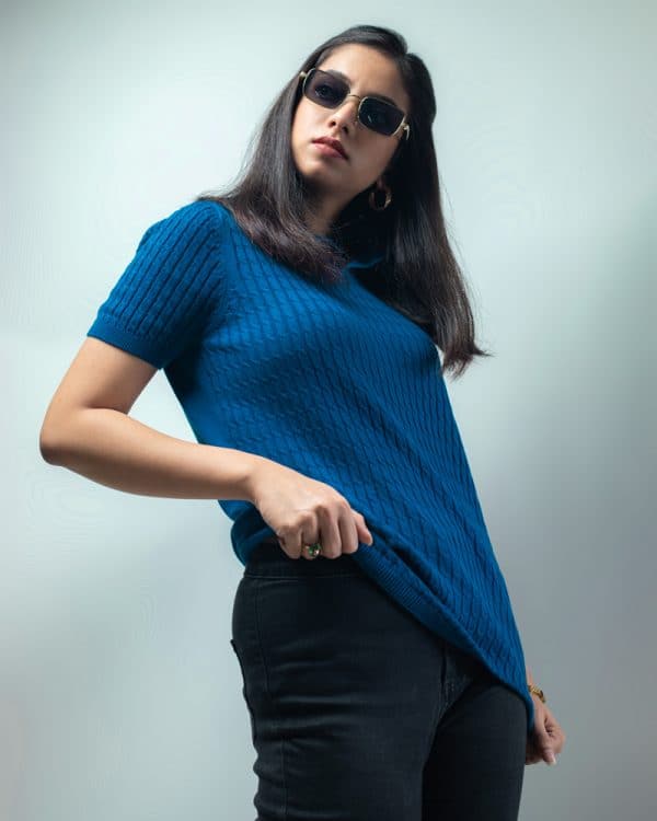 Women’s Cable Knit Polo in Blue - Image 5