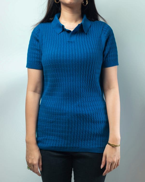 Women’s Cable Knit Polo in Blue - Image 7