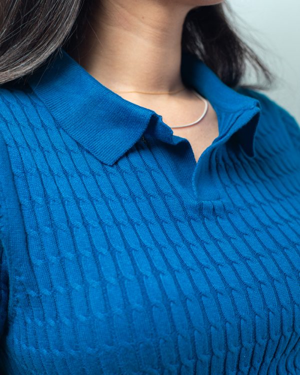 Women’s Cable Knit Polo in Blue - Image 6